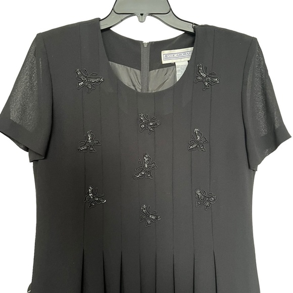 Jessica Howard Dress Butterfly Embellished Pleated Vintage Size 12 Black Party - Picture 3 of 5